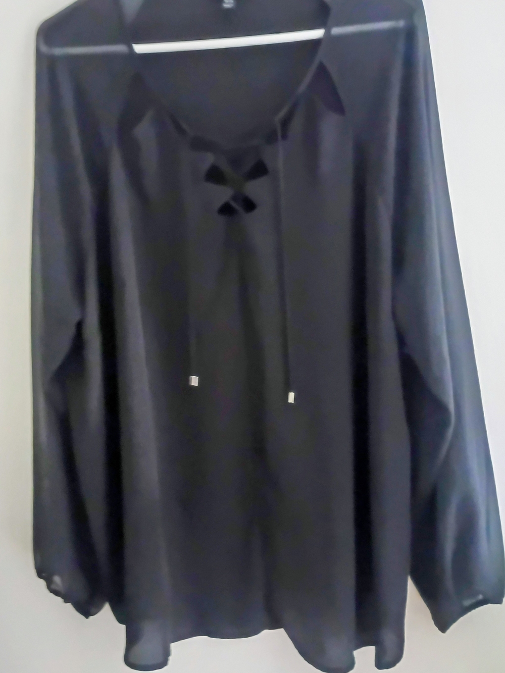 Black Lace-Up V-Neck Long Sheer Sleeve Women’s Top